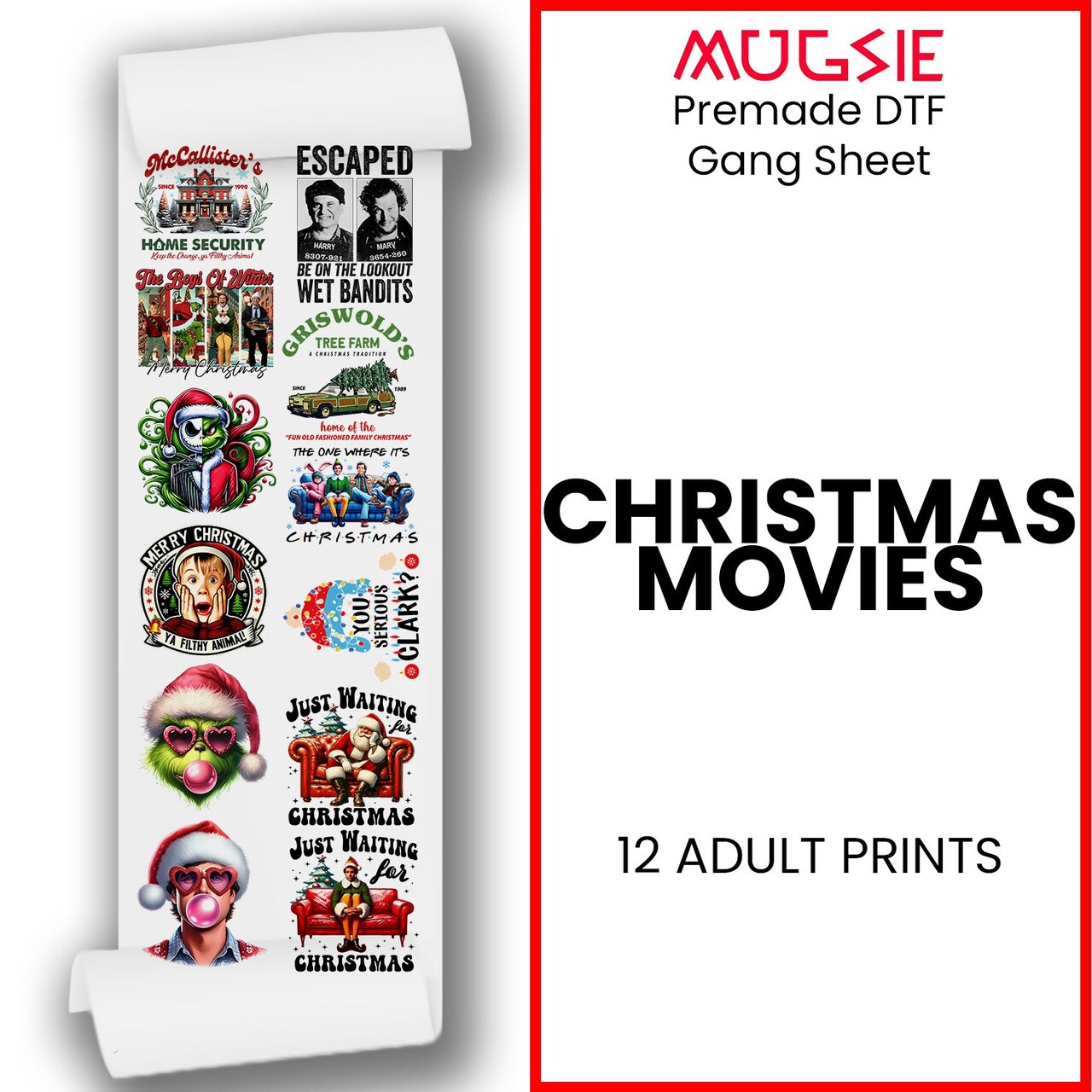 Christmas Movies - DTF Transfer 22x60 Direct-to-Film Gang Sheets - 12 Adult Prints Iron On Transfers